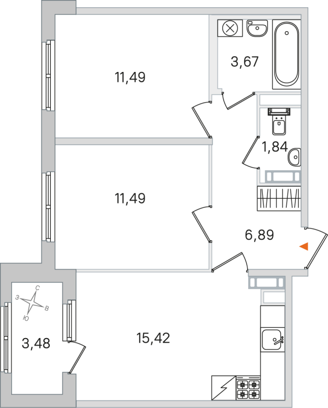 3-комнатная (Евро) квартира, 50.8 м² в ЖК "Дубровский" - планировка, фото №1
