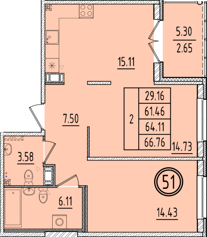 3-комнатная (Евро) квартира, 61.46 м² в ЖК "Образцовый квартал 6.4" - планировка, фото №1
