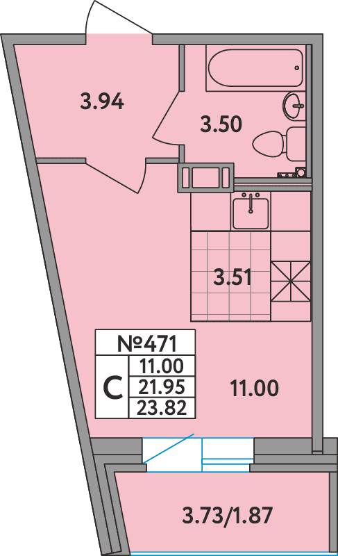 Квартира-студия, 23.5 м² - планировка, фото №1