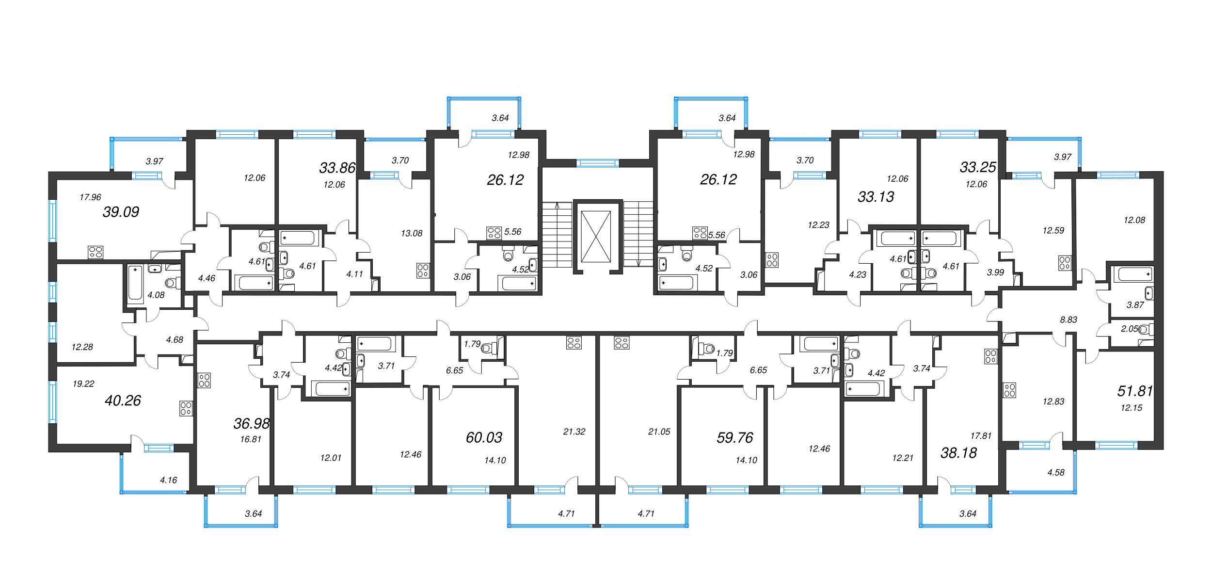 2-комнатная квартира, 51.81 м² - планировка этажа