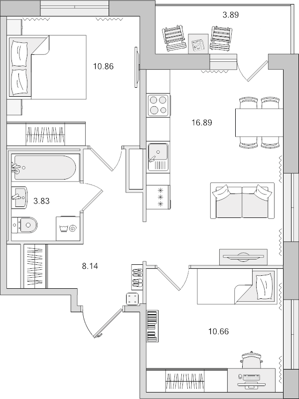 3-комнатная (Евро) квартира, 54.27 м² - планировка, фото №1