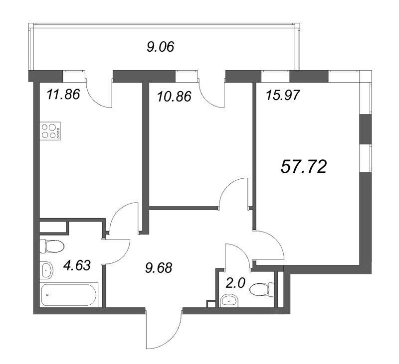 2-комнатная квартира, 57.72 м² в ЖК "Новая история" - планировка, фото №1