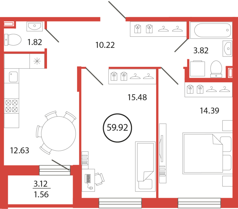 2-комнатная квартира, 59.92 м² в ЖК "Энфилд" - планировка, фото №1