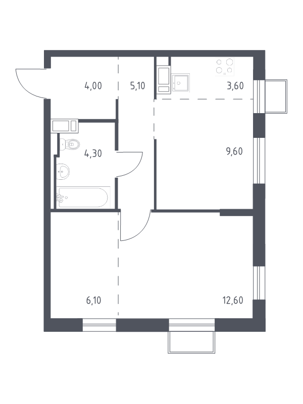 1-комнатная квартира, 45.3 м² - планировка, фото №1