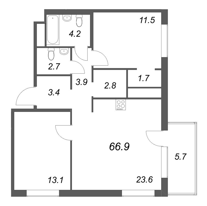 3-комнатная (Евро) квартира, 66.9 м² в ЖК "Передвижники" - планировка, фото №1