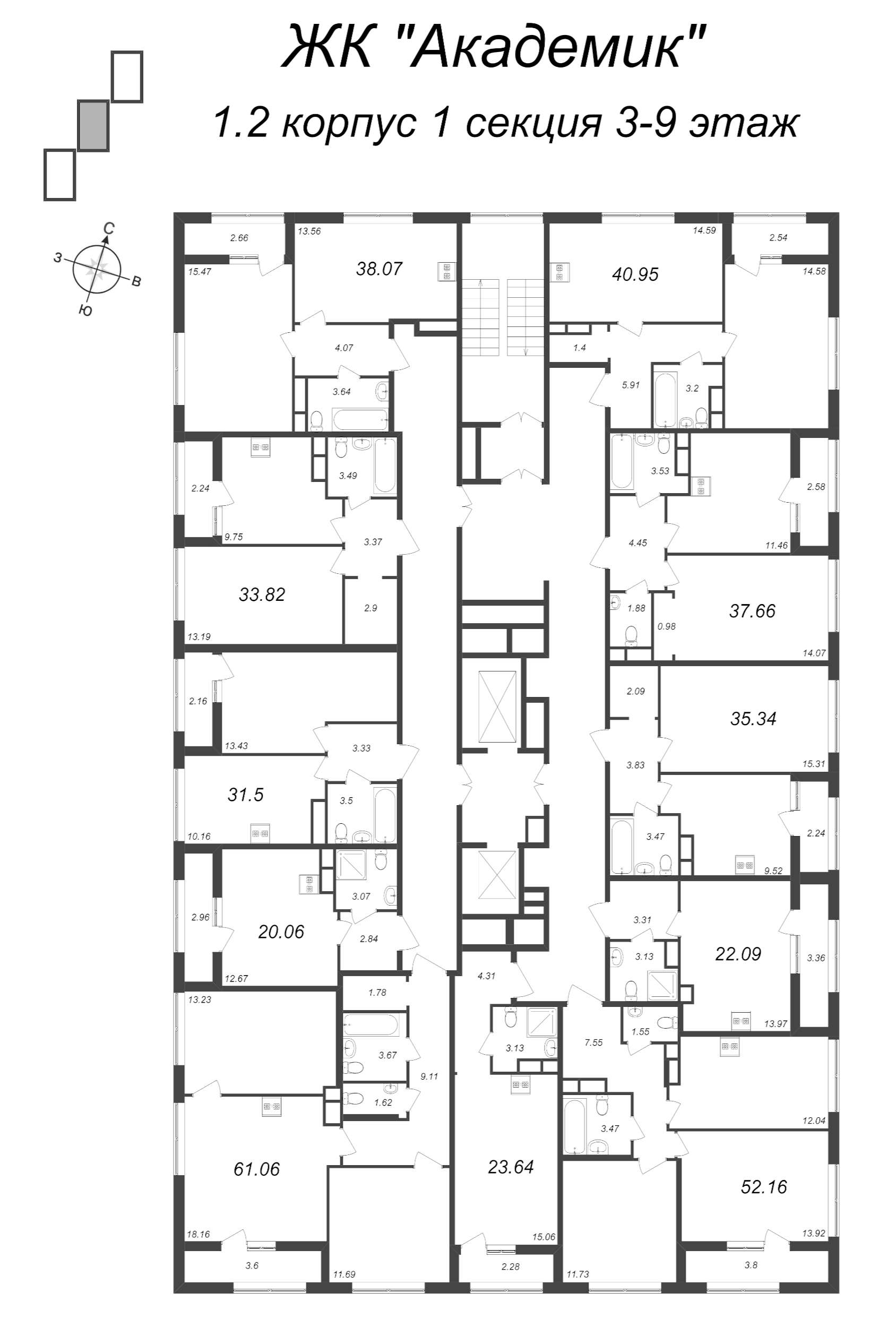 3-комнатная (Евро) квартира, 61.06 м² - планировка этажа