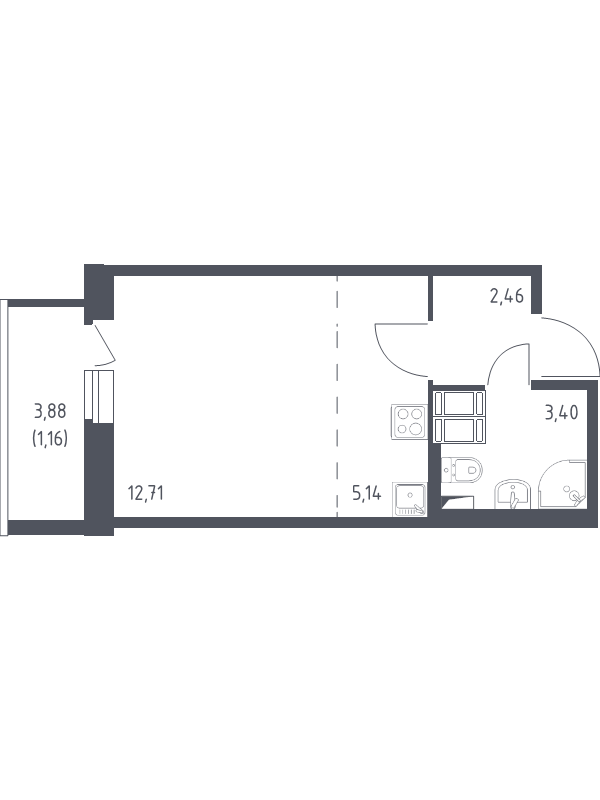Квартира-студия, 24.87 м² - планировка, фото №1