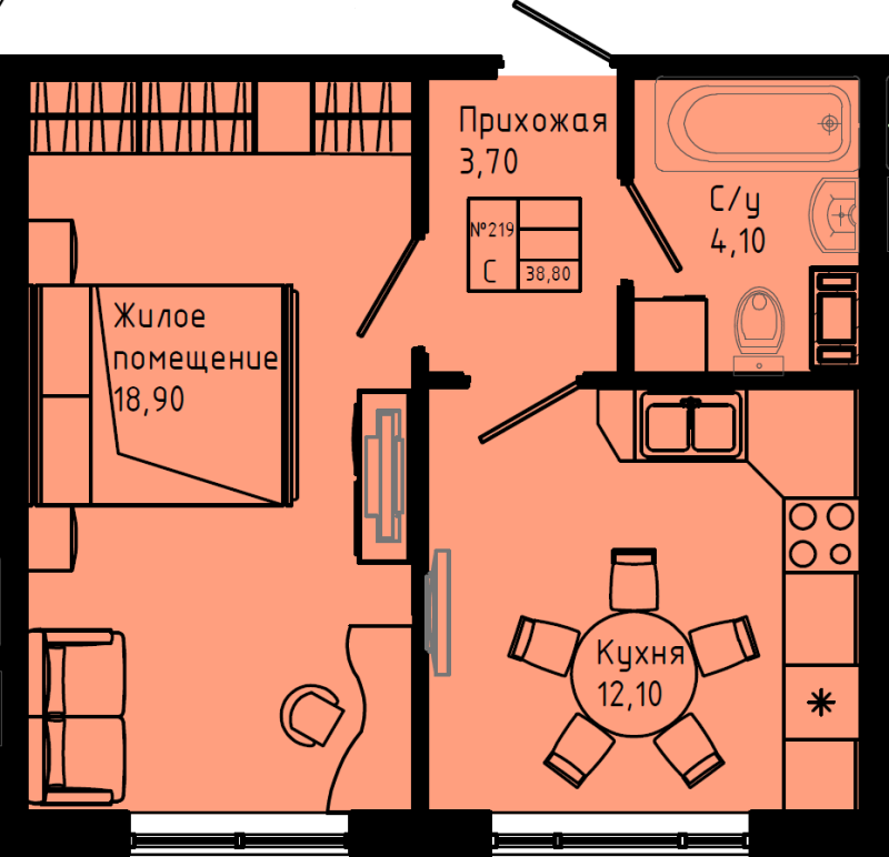 1-комнатная квартира, 38.8 м² в ЖК "Pixel" - планировка, фото №1