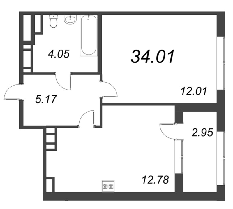 1-комнатная квартира, 34.01 м² в ЖК "Б15" - планировка, фото №1