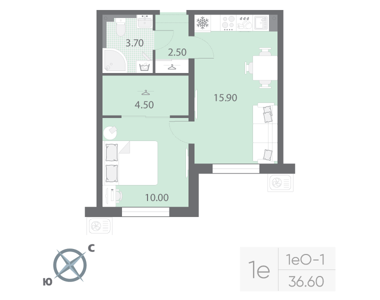 2-комнатная (Евро) квартира, 36.6 м² в ЖК "Зеркальный ручей" - планировка, фото №1