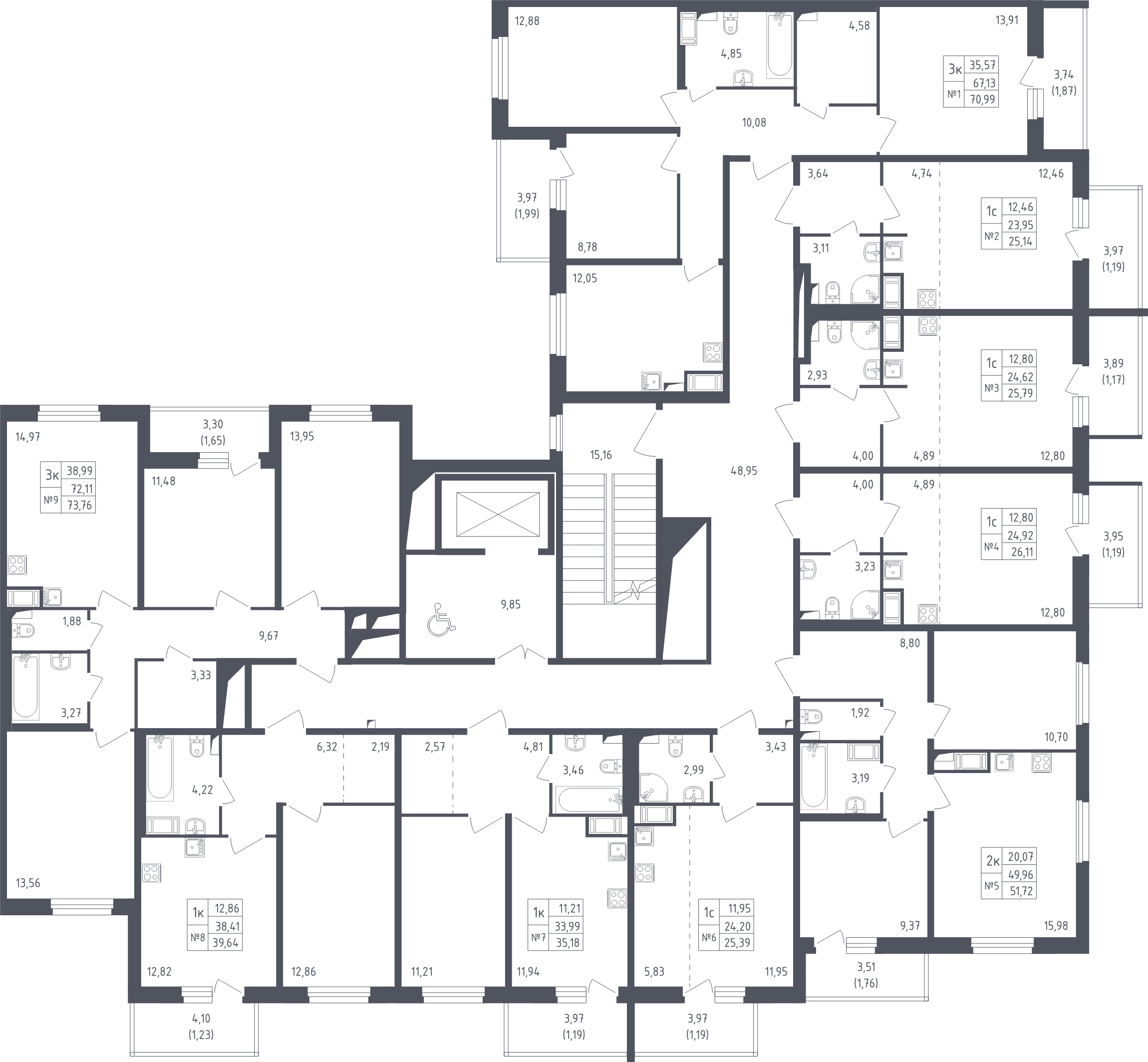 1-комнатная квартира, 39.64 м² - планировка этажа