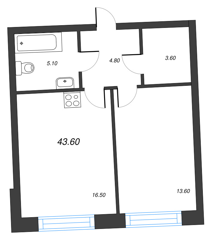 2-комнатная (Евро) квартира, 43.6 м² в ЖК "Цвет Зеленогорска" - планировка, фото №1