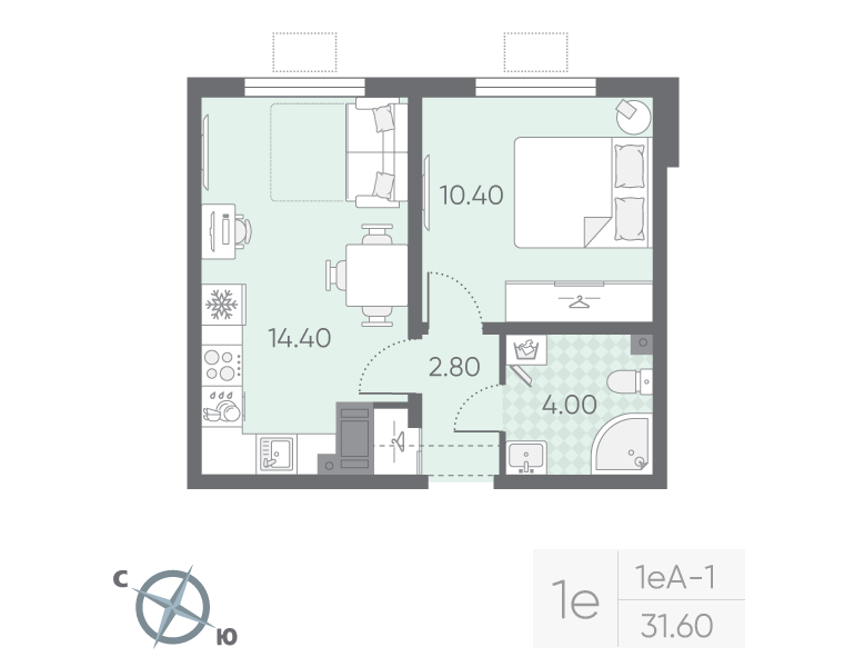 1-комнатная квартира, 31.6 м² в ЖК "Ручьи" - планировка, фото №1