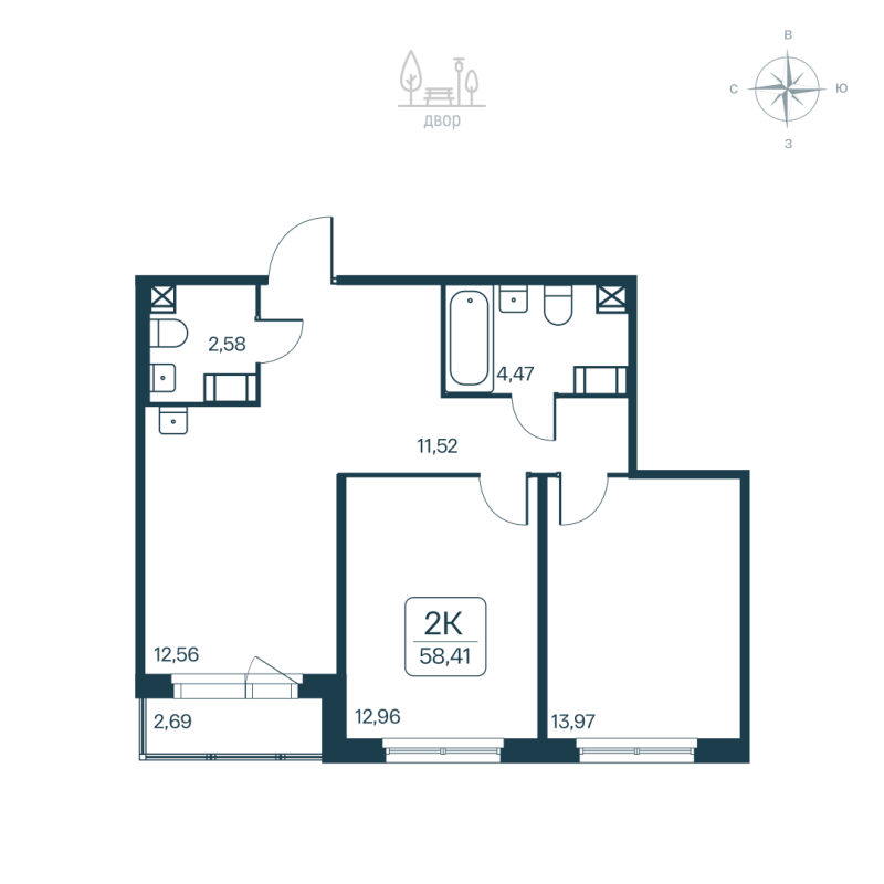 2-комнатная квартира, 58.41 м² в ЖК "Расцветай в Янино" - планировка, фото №1