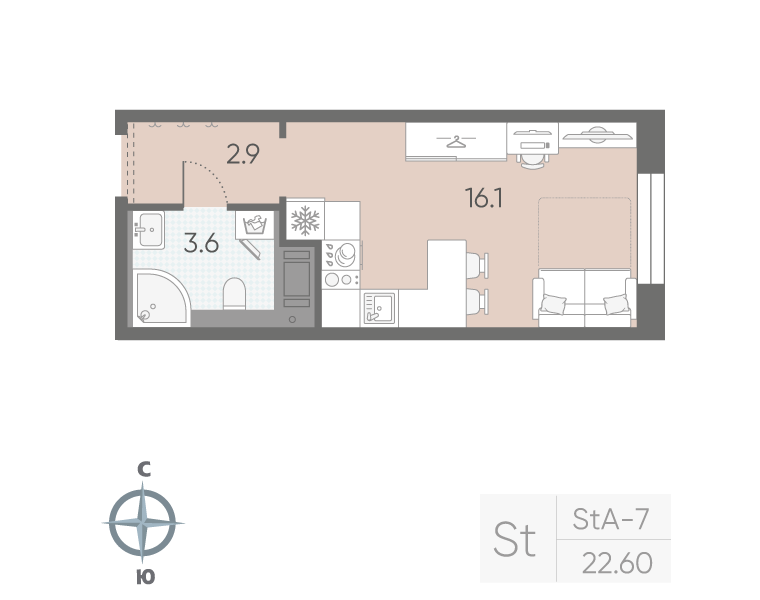 Квартира-студия, 22.6 м² в ЖК "Большая Охта" - планировка, фото №1
