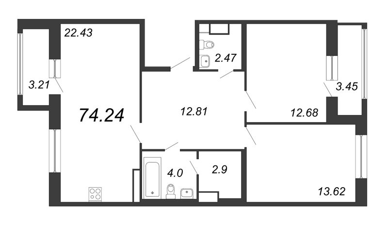 3-комнатная (Евро) квартира, 74.24 м² - планировка, фото №1