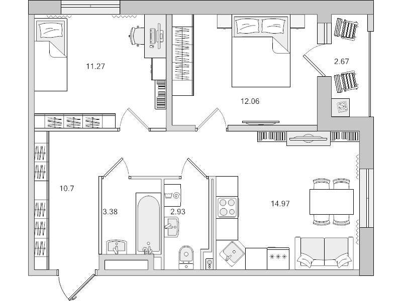 3-комнатная (Евро) квартира, 57.98 м² в ЖК "Город Первых" - планировка, фото №1