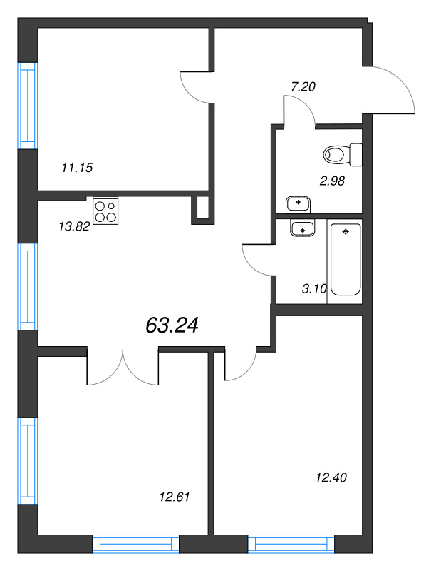 4-комнатная (Евро) квартира, 63.24 м² в ЖК "ID Murino III" - планировка, фото №1