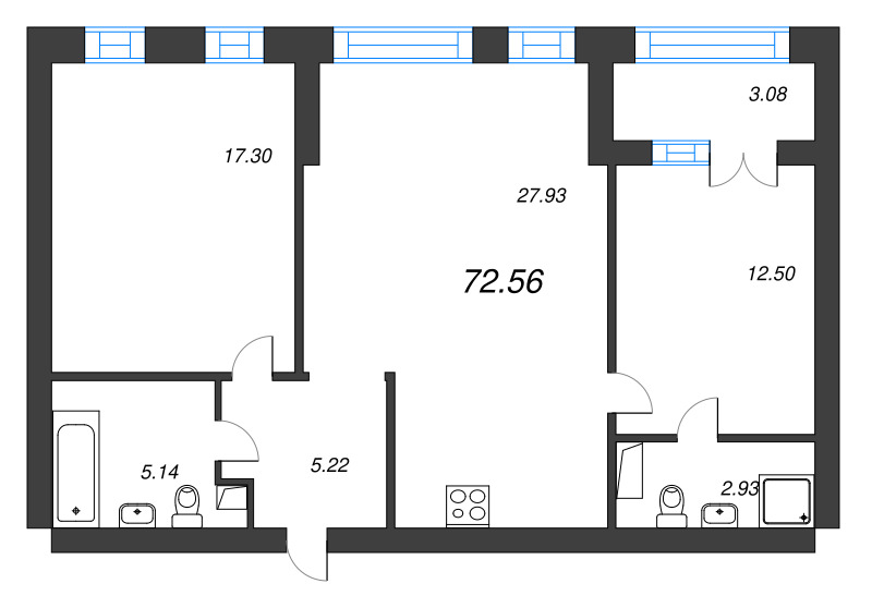 3-комнатная (Евро) квартира, 73.5 м² в ЖК "Наука" - планировка, фото №1