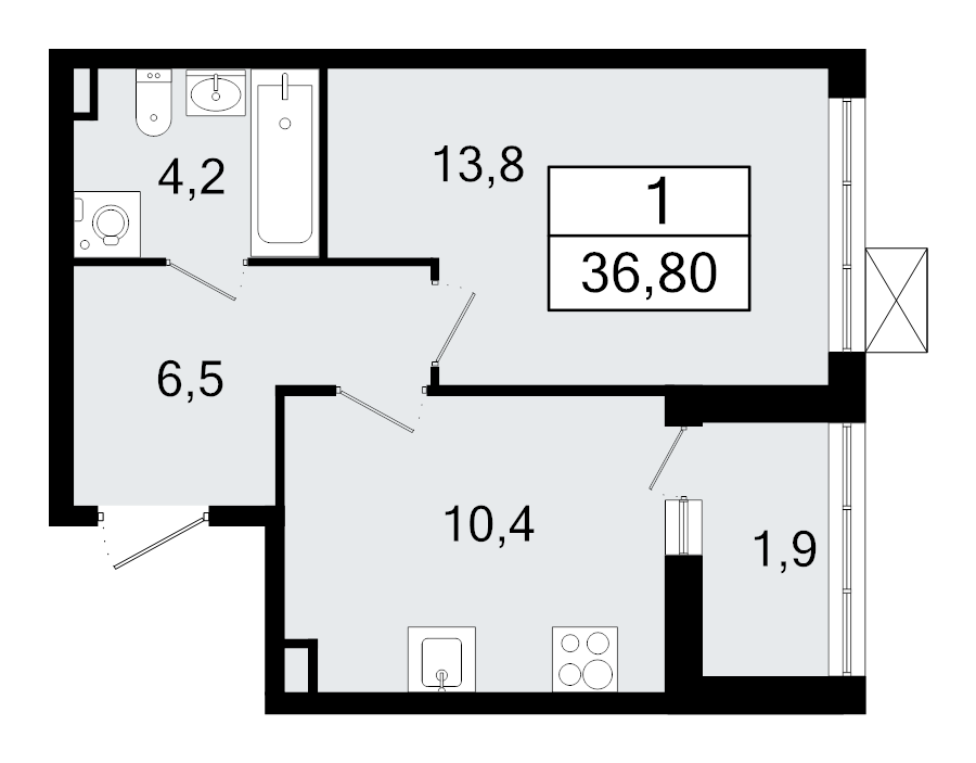1-комнатная квартира, 36.8 м² - планировка, фото №1