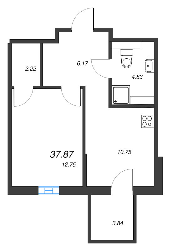 1-комнатная квартира, 37.87 м² - планировка, фото №1