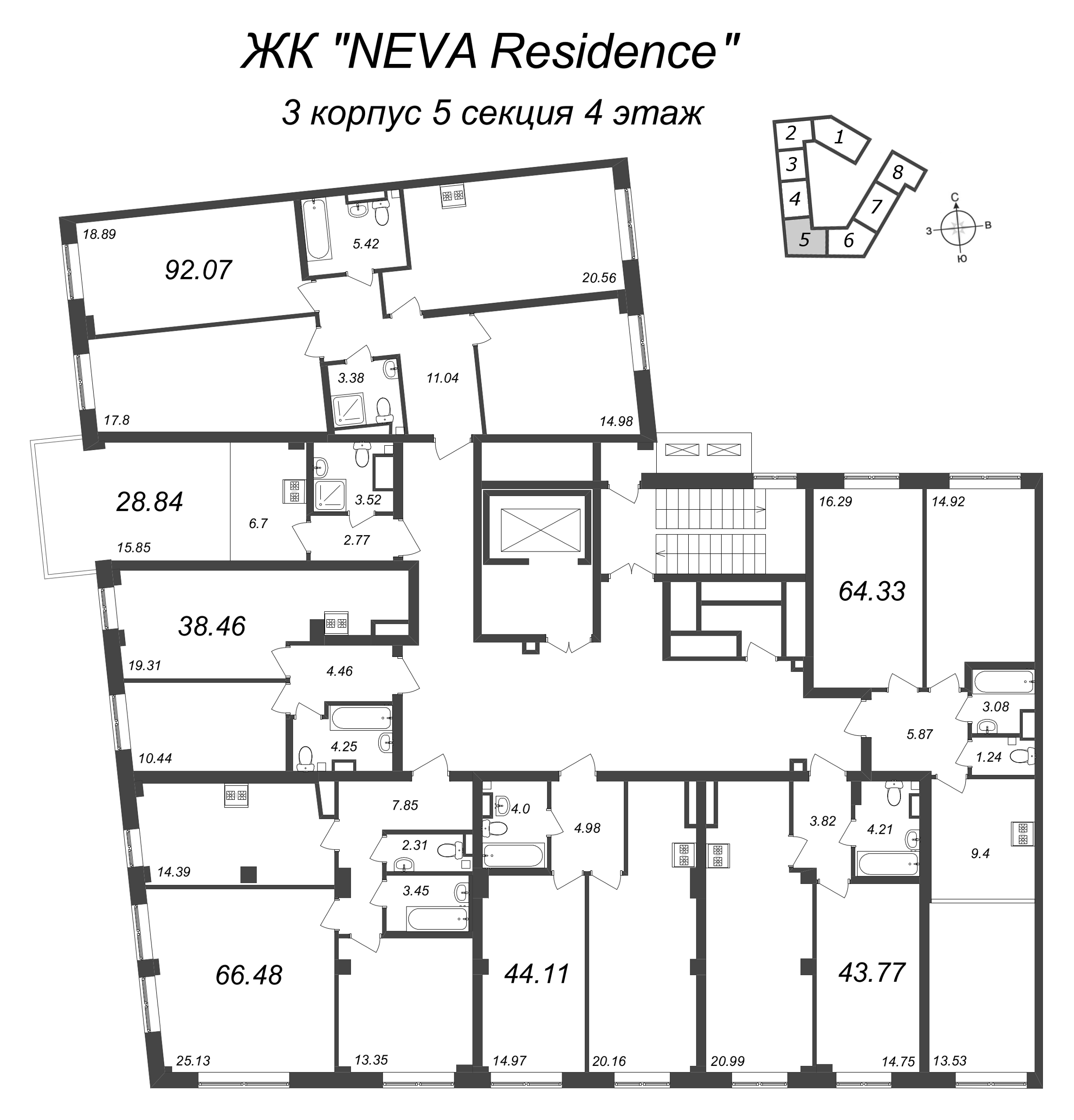 2-комнатная квартира, 66.48 м² в ЖК "Neva Residence" - планировка этажа