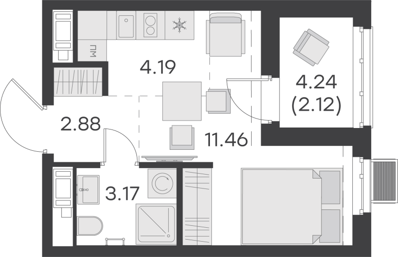 Квартира-студия, 23.82 м² - планировка, фото №1