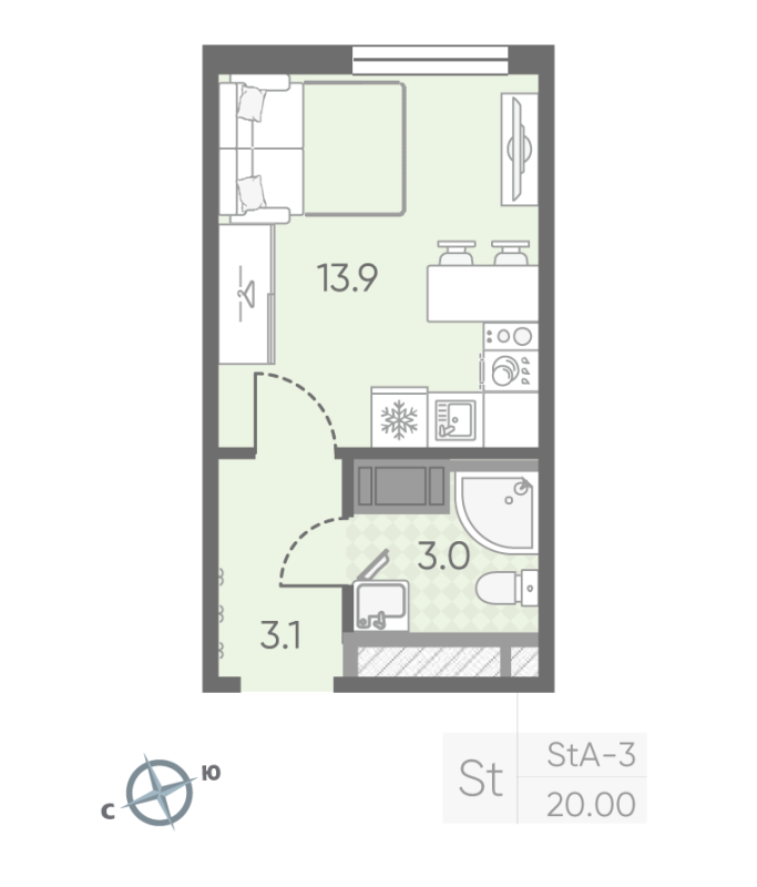 Квартира-студия, 20 м² в ЖК "Октябрьская набережная" - планировка, фото №1