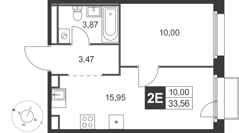 2-комнатная (Евро) квартира, 33.56 м² в ЖК "Слобода" - планировка, фото №1