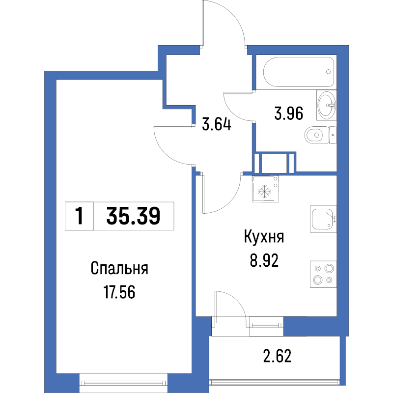 1-комнатная квартира, 35.39 м² - планировка, фото №1