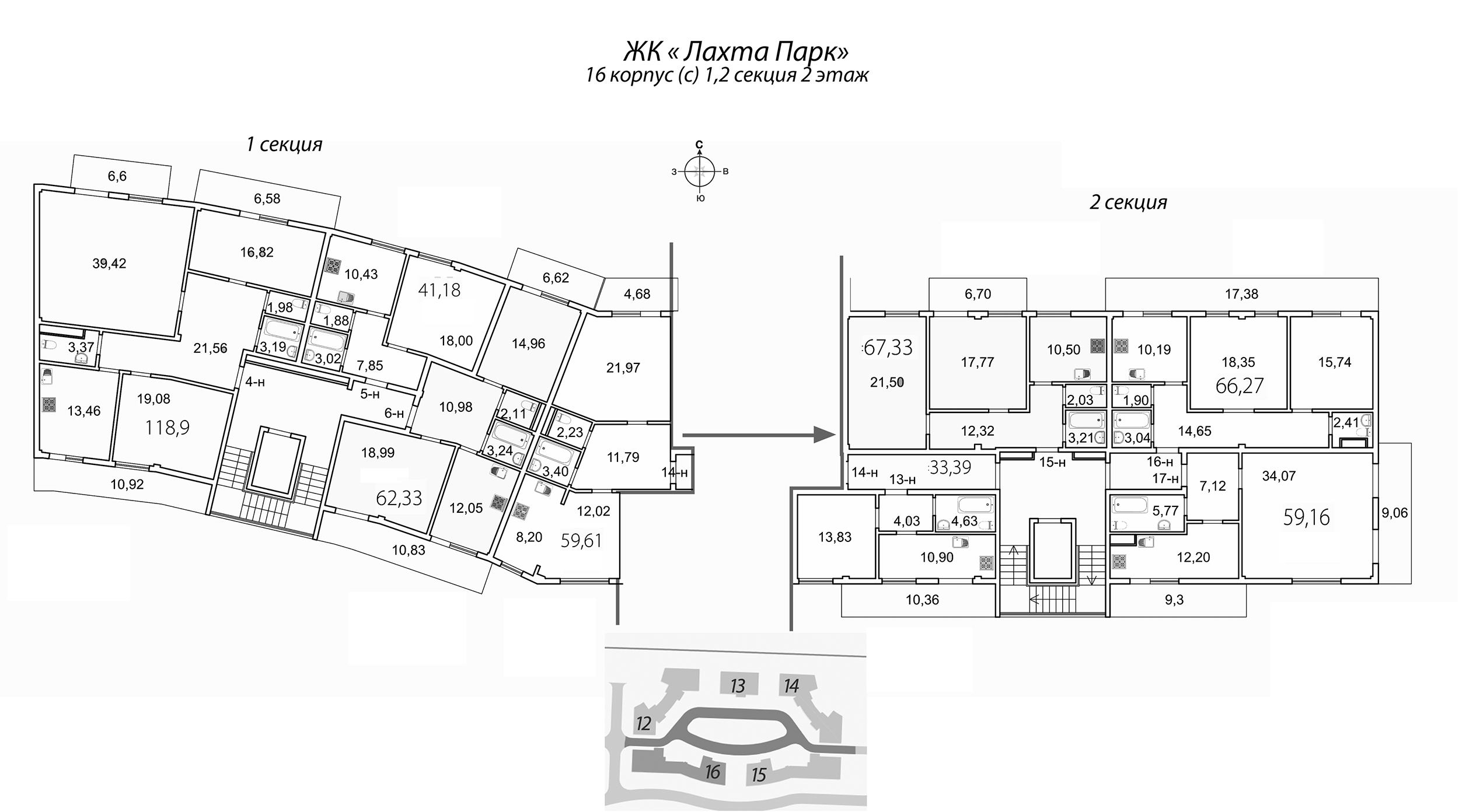 1-комнатная квартира, 64.7 м² в ЖК "Лахта Парк" - планировка этажа