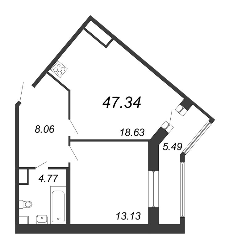 2-комнатная (Евро) квартира, 47.34 м² - планировка, фото №1