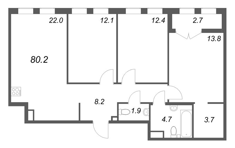 4-комнатная (Евро) квартира, 80.2 м² в ЖК "Кронунг ЮГ" - планировка, фото №1