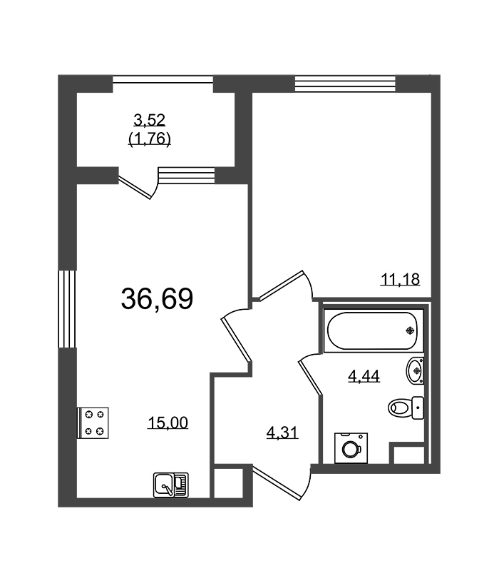 2-комнатная (Евро) квартира, 34.93 м² - планировка, фото №1