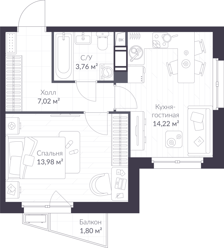 1-комнатная квартира, 39.52 м² в ЖК "VEREN NORT сертолово" - планировка, фото №1