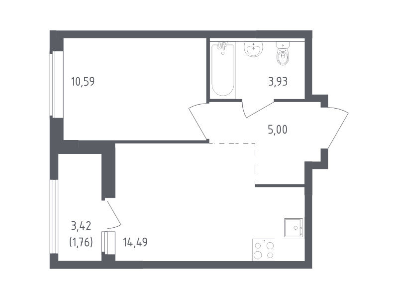 1-комнатная квартира, 35.77 м² - планировка, фото №1