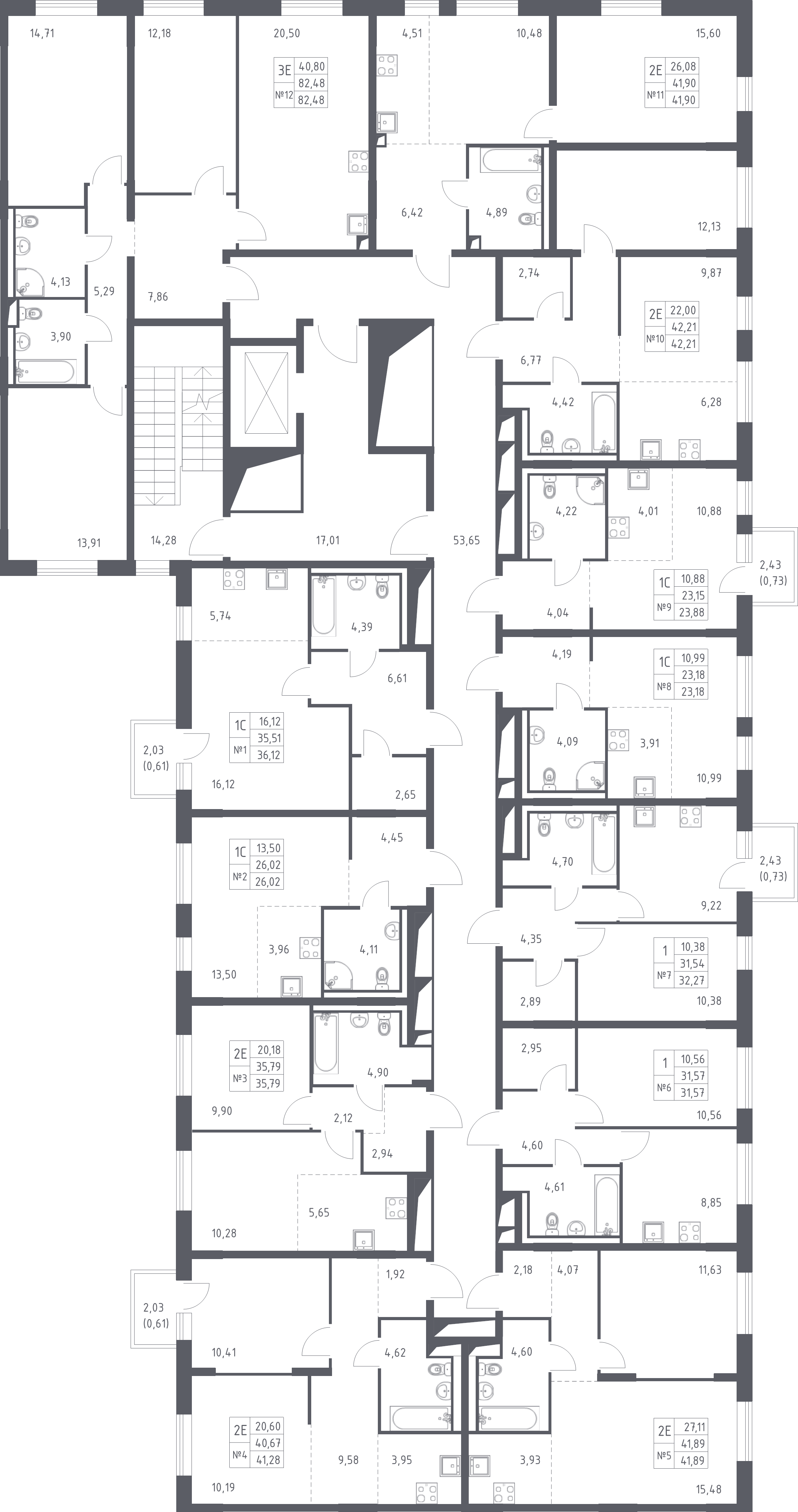 2-комнатная (Евро) квартира, 35.79 м² - планировка этажа