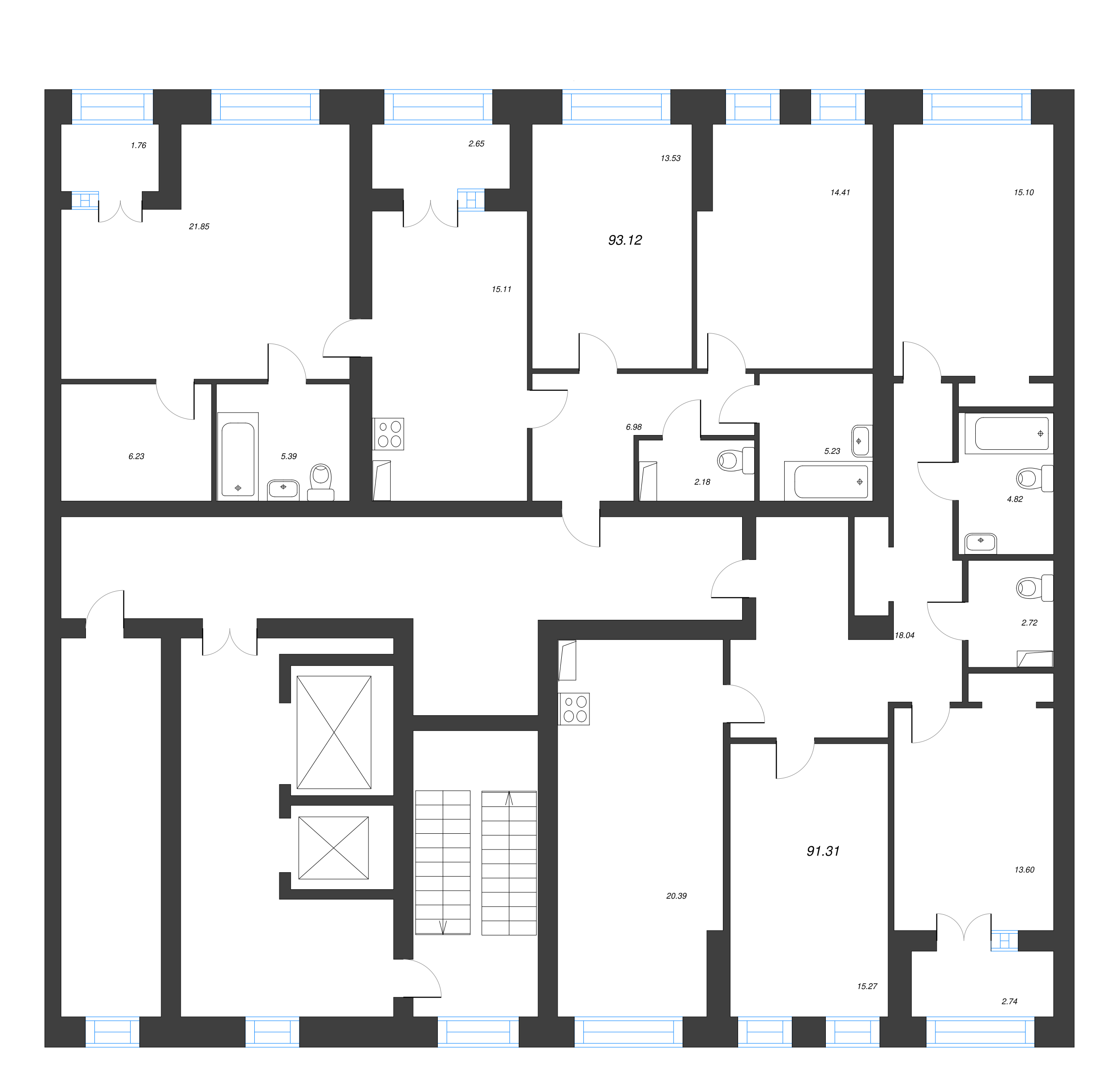 3-комнатная квартира, 91.31 м² - планировка этажа