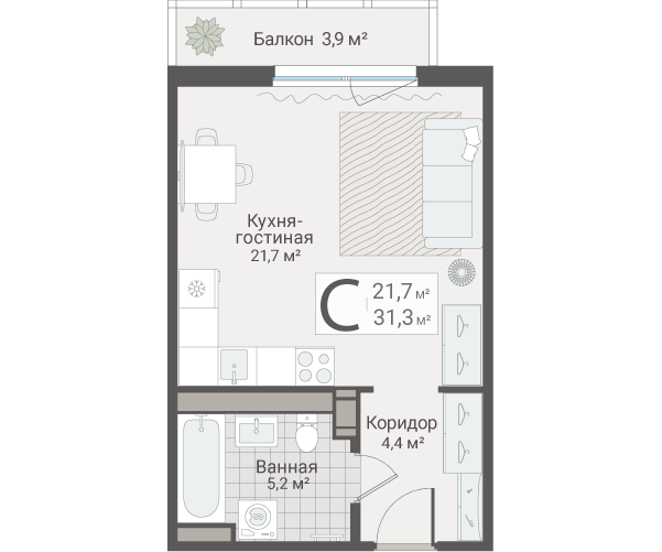 Квартира-студия, 31.3 м² в ЖК "Руднева 15" - планировка, фото №1