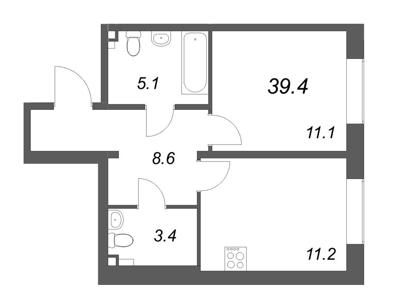 1-комнатная квартира, 39.4 м² в ЖК "Пулково Lake" - планировка, фото №1