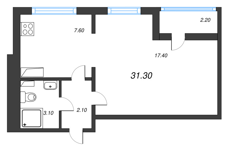 1-комнатная квартира, 31.3 м² - планировка, фото №1