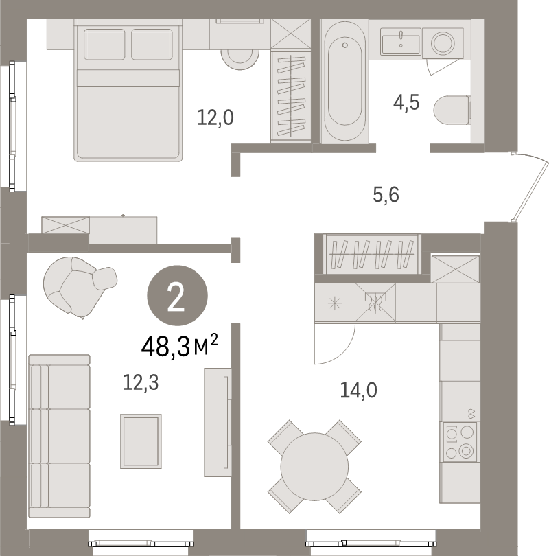 2-комнатная квартира, 48.3 м² в ЖК "Брусника в Новоселье" - планировка, фото №1
