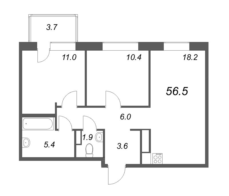 3-комнатная (Евро) квартира, 56.5 м² в ЖК "Куинджи" - планировка, фото №1