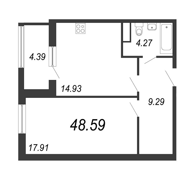 1-комнатная квартира, 49.3 м² - планировка, фото №1