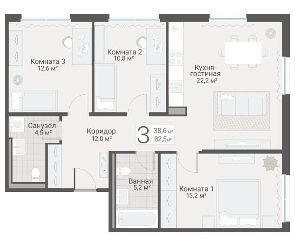 4-комнатная (Евро) квартира, 82.5 м² в ЖК "Руднева 15" - планировка, фото №1