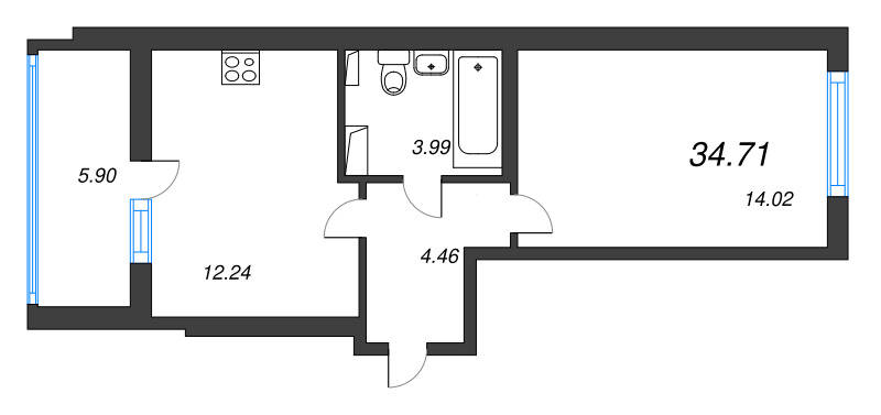 1-комнатная квартира, 34.71 м² в ЖК "Любоград" - планировка, фото №1