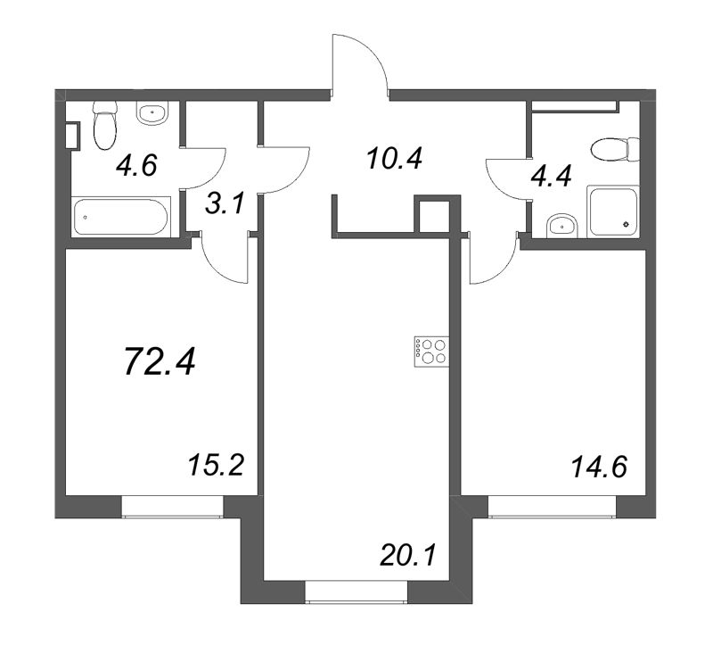 3-комнатная (Евро) квартира, 72.4 м² в ЖК "Визионер" - планировка, фото №1