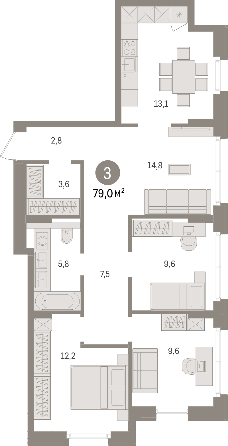 4-комнатная (Евро) квартира, 79 м² в ЖК "Брусника в Новоселье" - планировка, фото №1