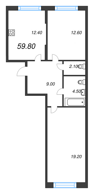 2-комнатная квартира, 59.8 м² в ЖК "Ягодное Река Парк" - планировка, фото №1