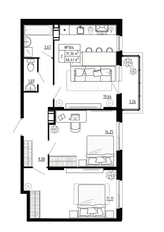 3-комнатная (Евро) квартира, 66.41 м² в ЖК "Аннино Сити" - планировка, фото №1
